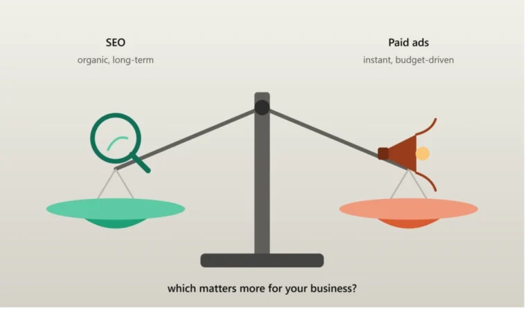 Best Freelance Digital Marketer in Dubai,SEO vs paid ads comparison showing a balance scale between organic search engine optimization and paid advertising, illustrating long-term growth versus immediate traffic for business marketing.