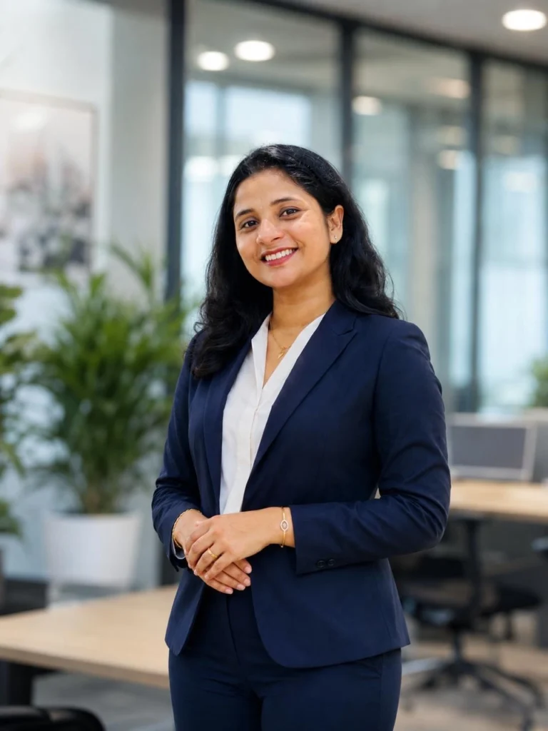 Best Freelance Digital Marketer in Dubai,A Professional Woman in a blue business suit smiling in a modern office setting.