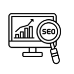 Best Freelancer Digital Marketer in Dubai and SEO analytics icon with a computer, growth chart, and magnifying glass representing search engine optimization and website ranking.