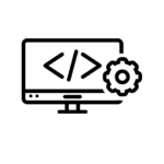 Best Freelance Digital Marketer in Dubai and Web development icon featuring a computer screen with coding symbols and a gear, representing website development, front-end and back-end programming, web design, and digital solutions.